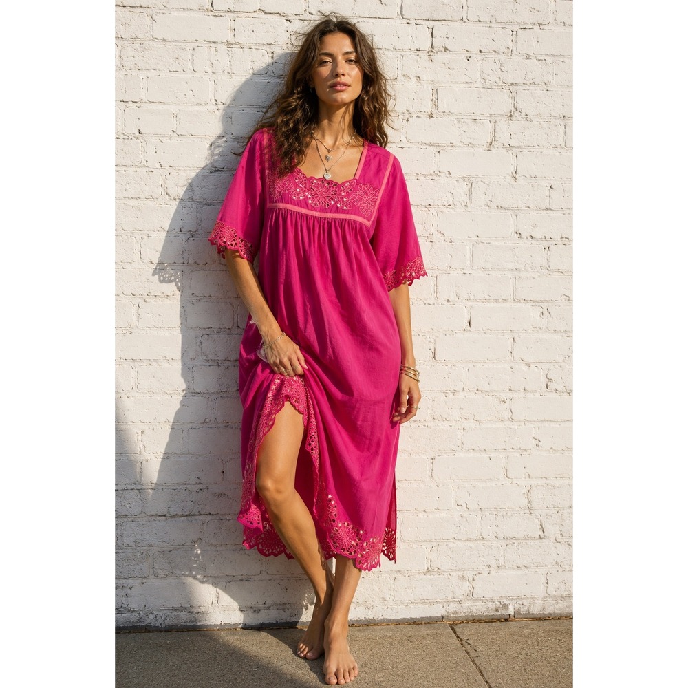 Vintage Go Softly Patio Pink Cotton Eyelet Embroidered Muu Muu House Dress L